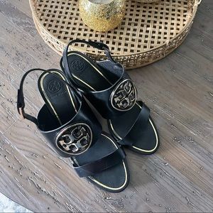 Tory Burch Black Wedge Sandals Size 8.5